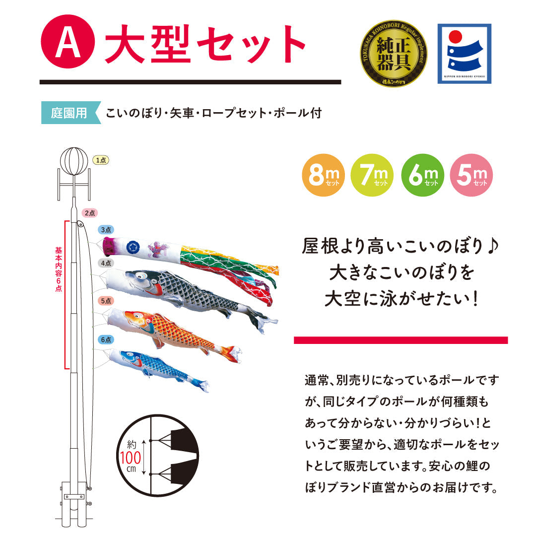Celebration carp [Kiccho] Large 6-piece set (arrow, rope) + pole included Tokunaga carp streamer 