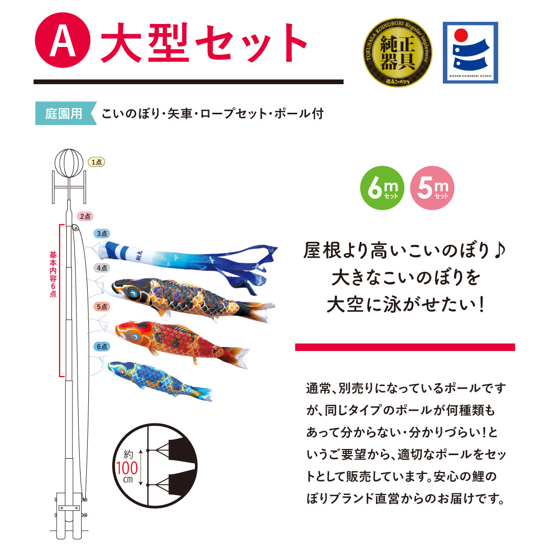 献上手染友禅之鯉【京錦】大型６点セット（矢車・ロープ）＋ポール付