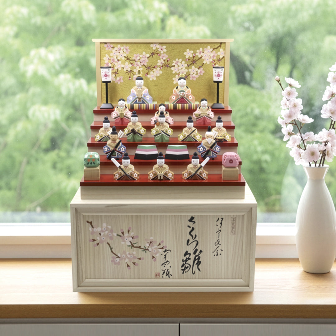 伊予一刀彫り さくら雛　五段  十五人飾り【南雲作】