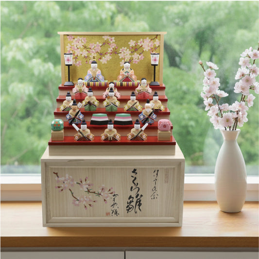 雛人形　伊予一刀彫り さくら雛　五段  十五人飾り【南雲作】