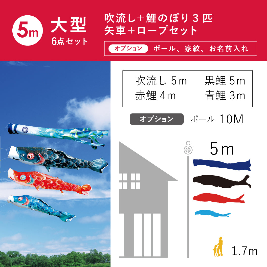 薫風の舞い【風舞い】６点大型セット｜徳永こいのぼり公式 – 晴れと暮らす | 徳永 鯉のぼり 庭園用 ポール別売り 大型鯉 5m鯉3匹 風舞い 風舞い吹流し 撥水加工 日本の伝統文化 こいのぼり | 人形のちぐさや
