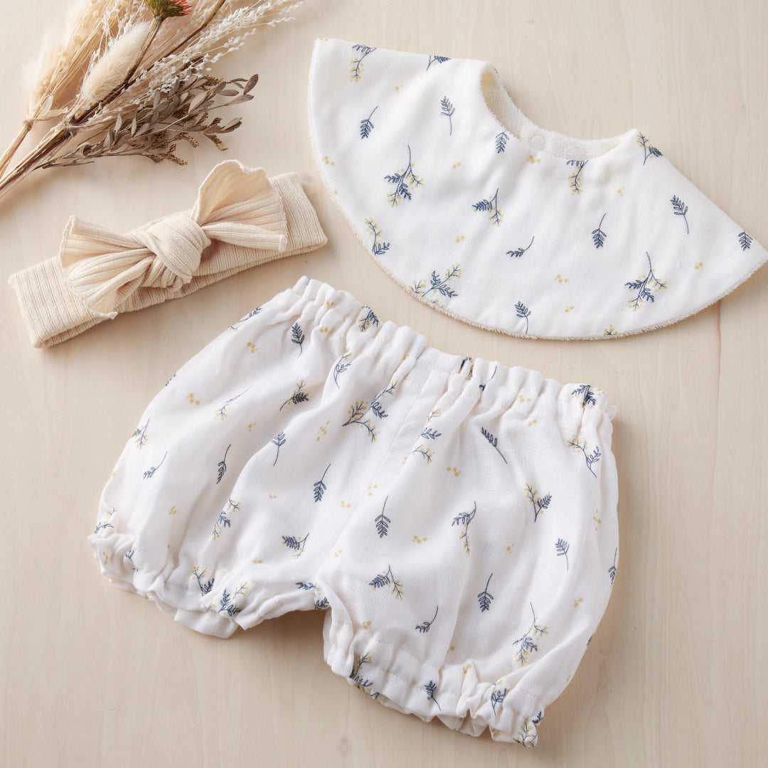 出産祝い 3点セット《 ミモザ 》スタイ＆ブルマ＆リブヘアバンド